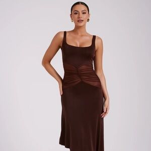Mesh Panelled Midi Dress - Dark Brown